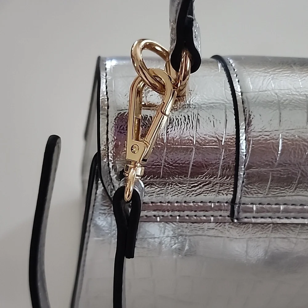 Aldo Rotoua Silver Gold Two Tone Metallic Top Handle Crossbody Mini Handbag - Picture 12 of 14